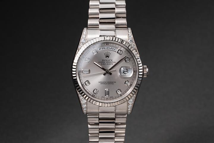 2000 Rolex 18k WG & Diamond Day-Date 118339 Silver Diamond Dial