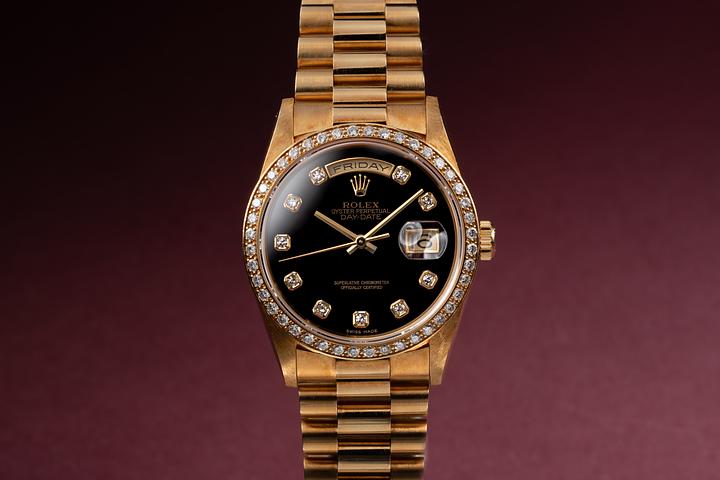 1995 Rolex 18K YG Day-Date 18348 Onyx Diamond Dial with Box and Papers