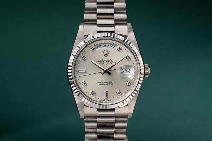 1991 Rolex 18K WG Day-Date 18239 Silver Diamond Dial