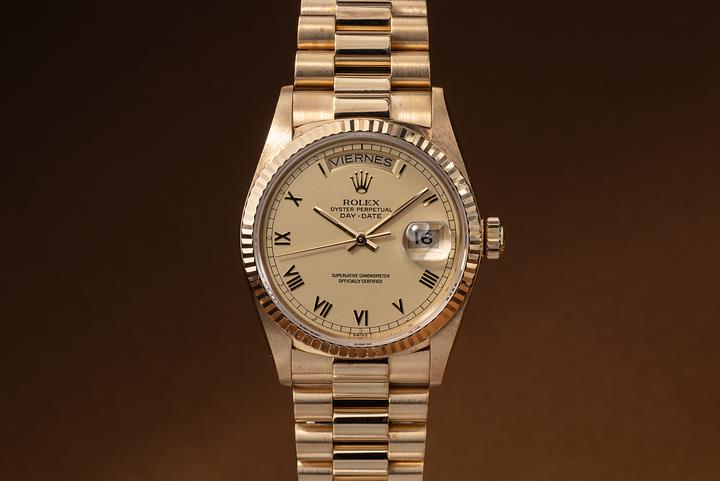1987 Rolex 18K YG Day-Date 18038 Matte Champagne Roman Numeral Dial