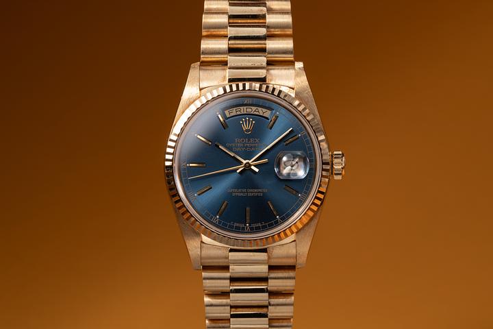 1987 Rolex 18K YG Day-Date 18038 Blue Dial with Papers