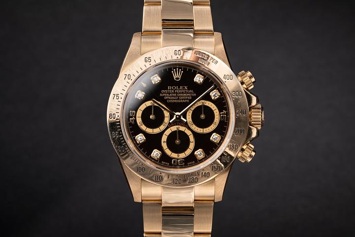 1995 Rolex 18K YG Daytona 16528 Black Diamond Inverted 6 Dial