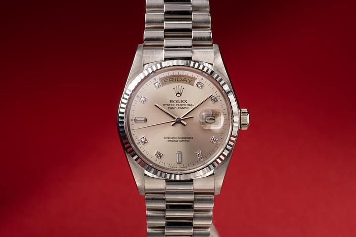 1988 Rolex 18K WG Day-Date 18039 Silver Diamond Dial