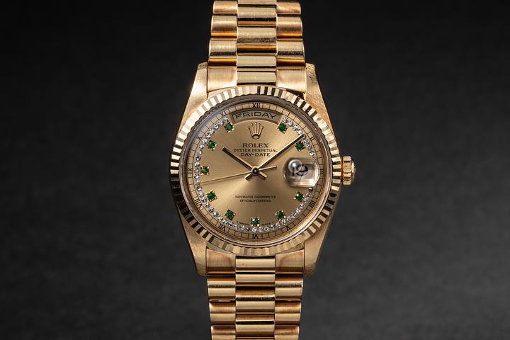 1999 Rolex Day-Date 18238 Champagne Diamond & Emerald String Dial