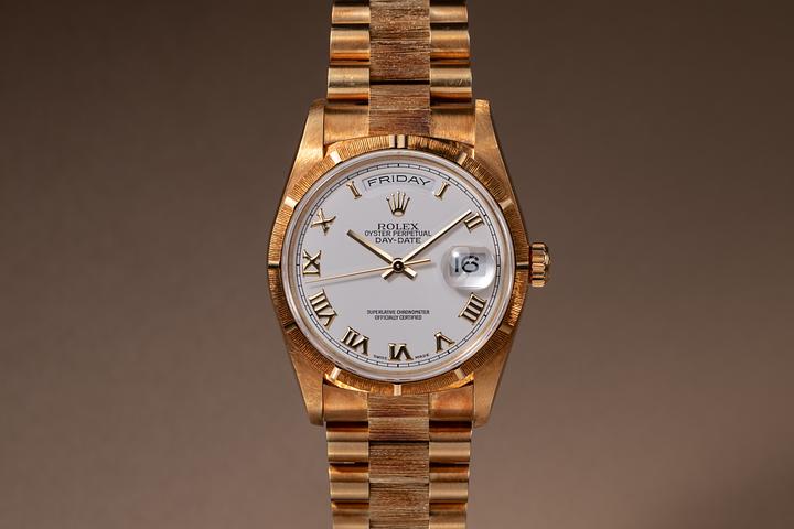 1999 Rolex 18K YG Bark Day-Date 18248 White Roman Numeral No-Lume Dial with Papers