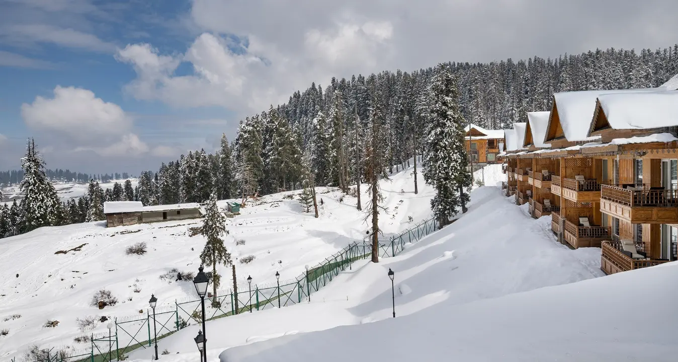 The Khyber Himalayan Resort and Spa in Gulmarg during snowfall