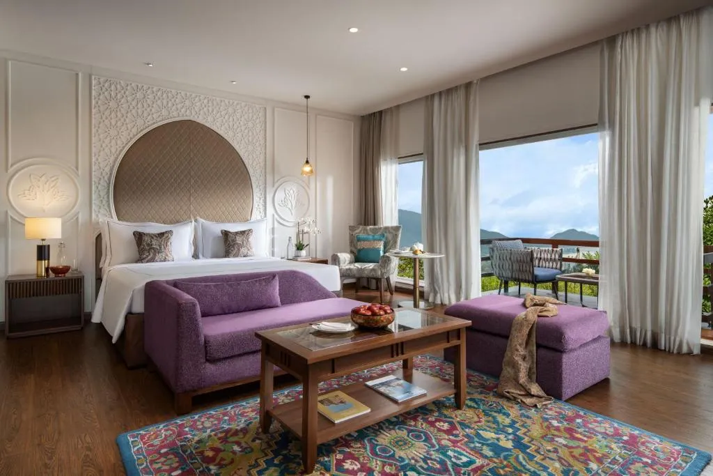 Luxury room at Taj Dal View Srinagar with lake and mountain views