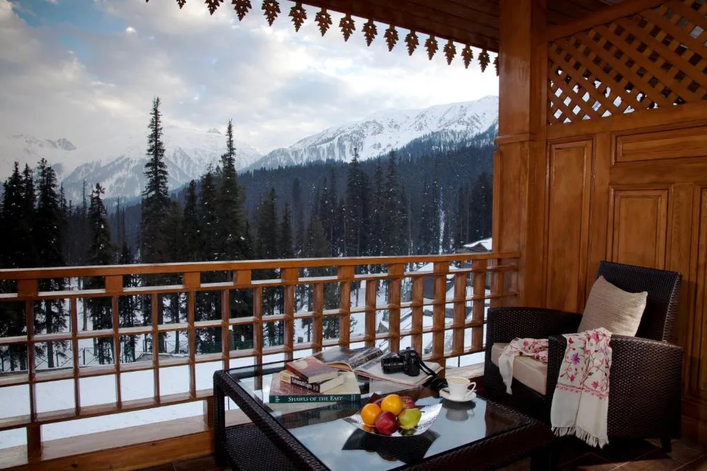 Balcony view of the mountains from The Khyber Himalayan Resort