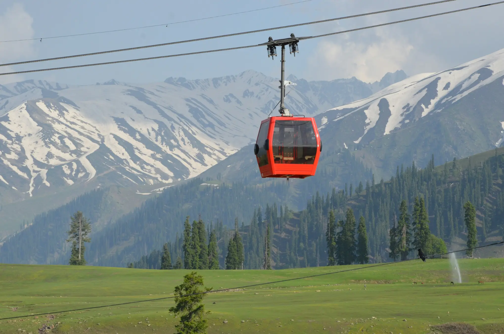 Gulmarg Gondola cable car crossing green meadows with snow-covered mountains in the background