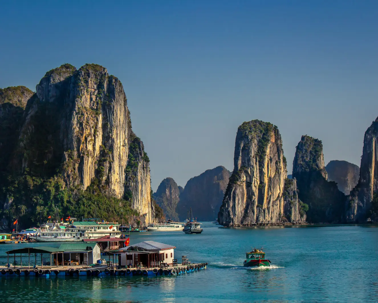 Halong Bay limestone karsts Vietnam overnight cruise boatHalong Bay limestone karsts Vietnam overnight cruise boat