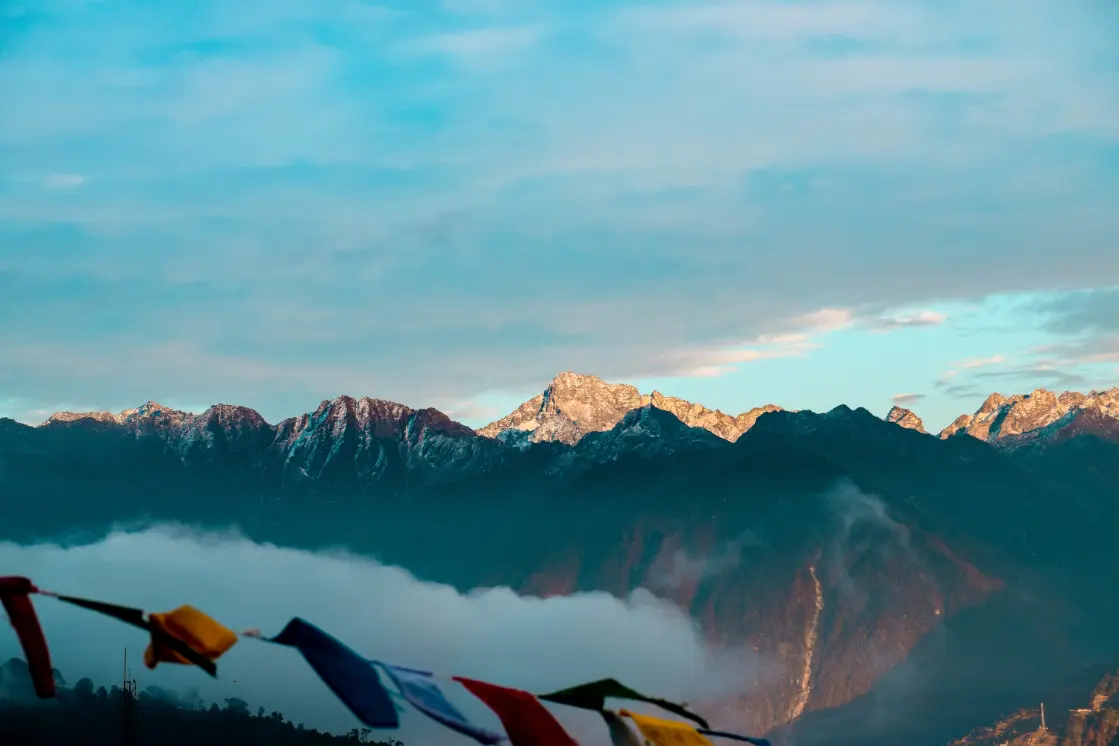 Himalayan peaks near Bumla Pass and Tawang Arunachal Pradesh with prayer flags