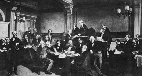التوقيع على اتفاقية جنيف الأولى من قبل بعض القوى الأوروبية الكبرى في عام 1864- وكيبيديا