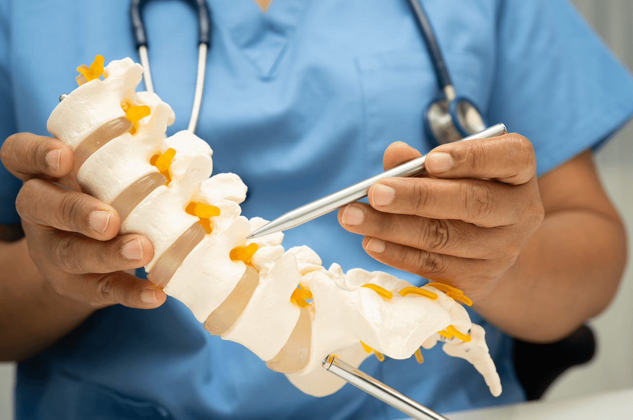 Close-up of a doctor pointing to a model of the spine to explain spinal stenosis and the best spine care available in Los Angeles