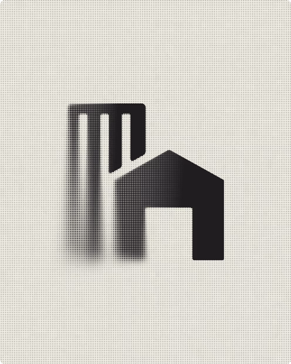 Black icon of a city skyline with a tall building and a house, featuring a halftone shading effect.