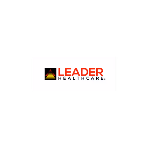 Leader Healthcare logo with a stylized triangular design in red and yellow next to bold red and black text.