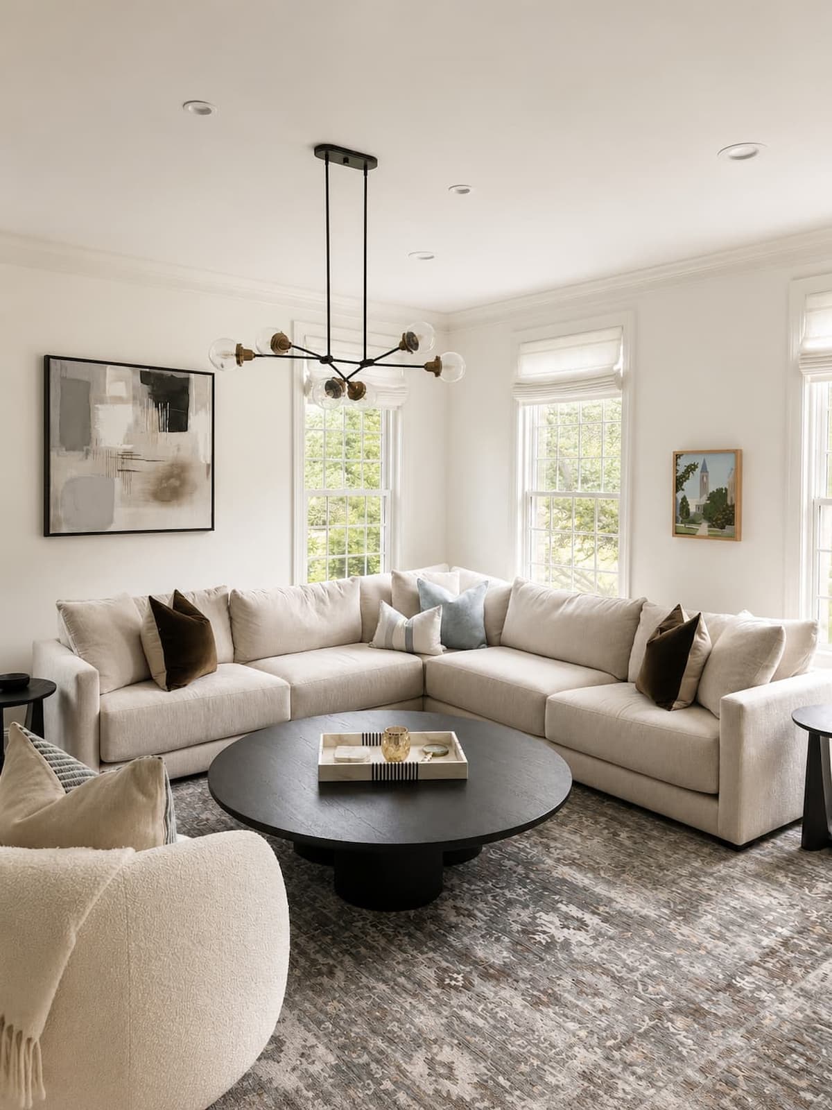Living room with large angled window