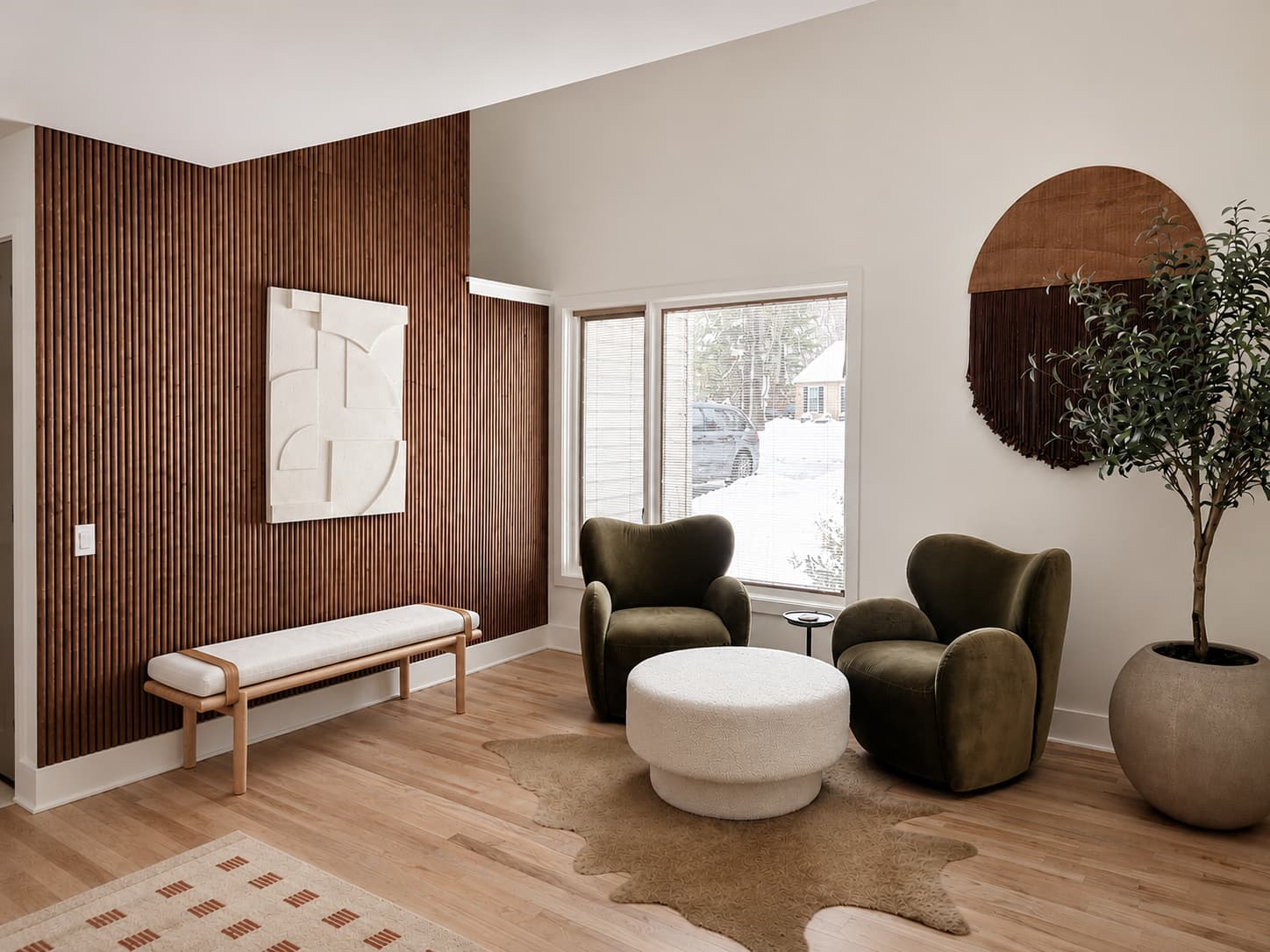 Living room with large angled window