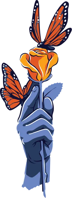 An illustration of a hand holding an orange rose, with two butterflies landing on it