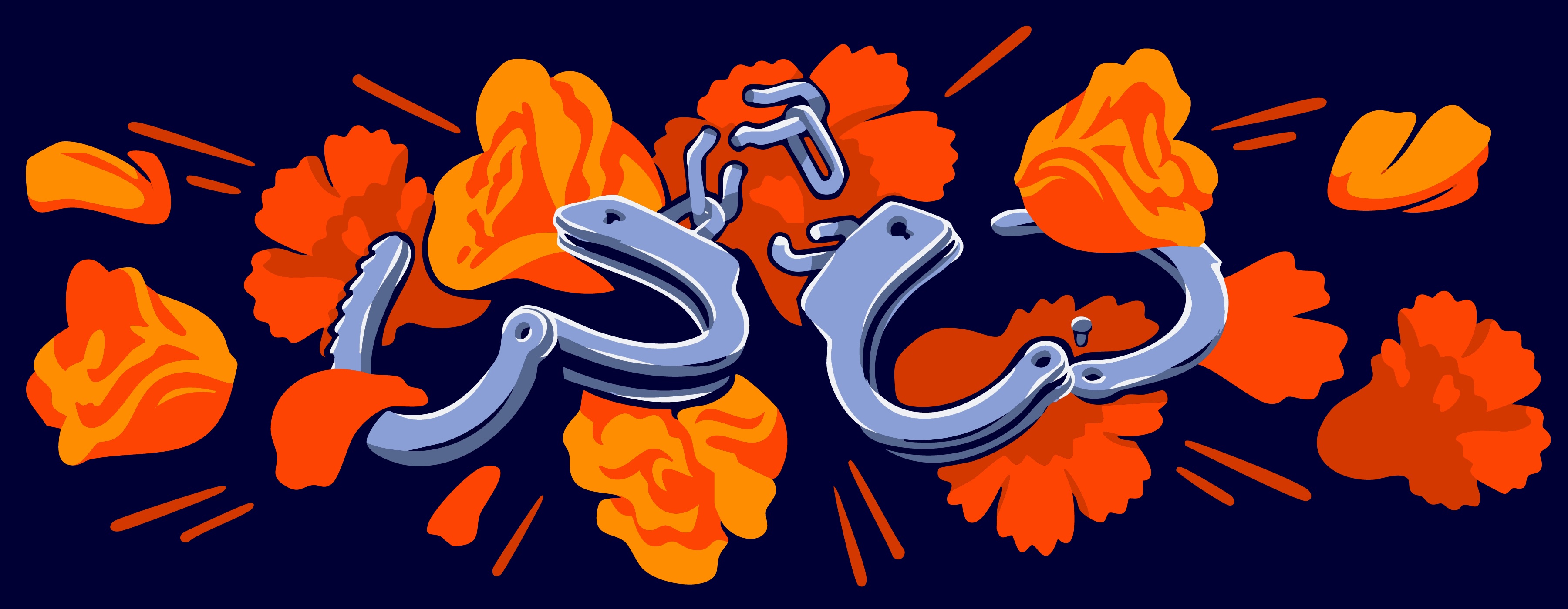 A pair of broken, open handcuffs in front of red and orange flowers on a blue background