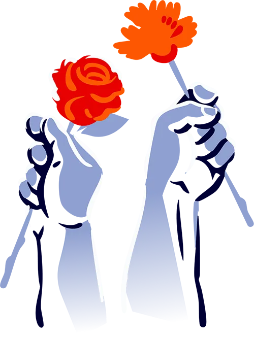 Illustration of two hands holding red and orange flowers