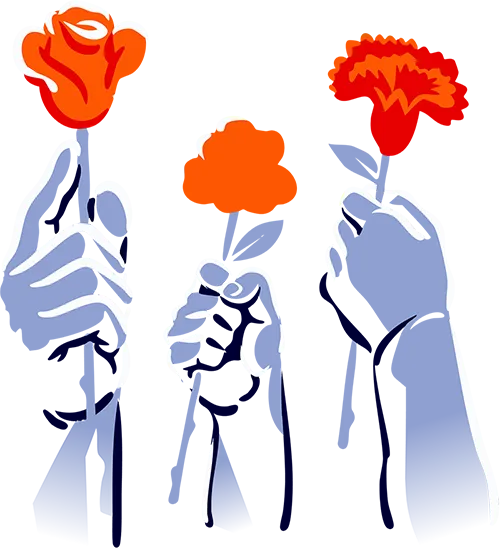 Illustration of three hands holding red and orange flowers