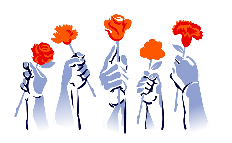 Illustration of five hands holding red and orange flowers