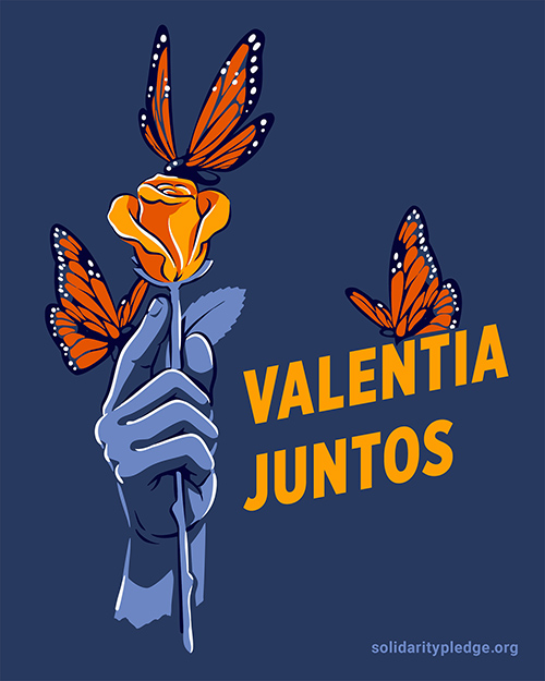 Una ilustración de una mano azul que sostiene una rosa naranja rodeada de tres mariposas, con el texto "Courage Together" ("Ánimo juntos")