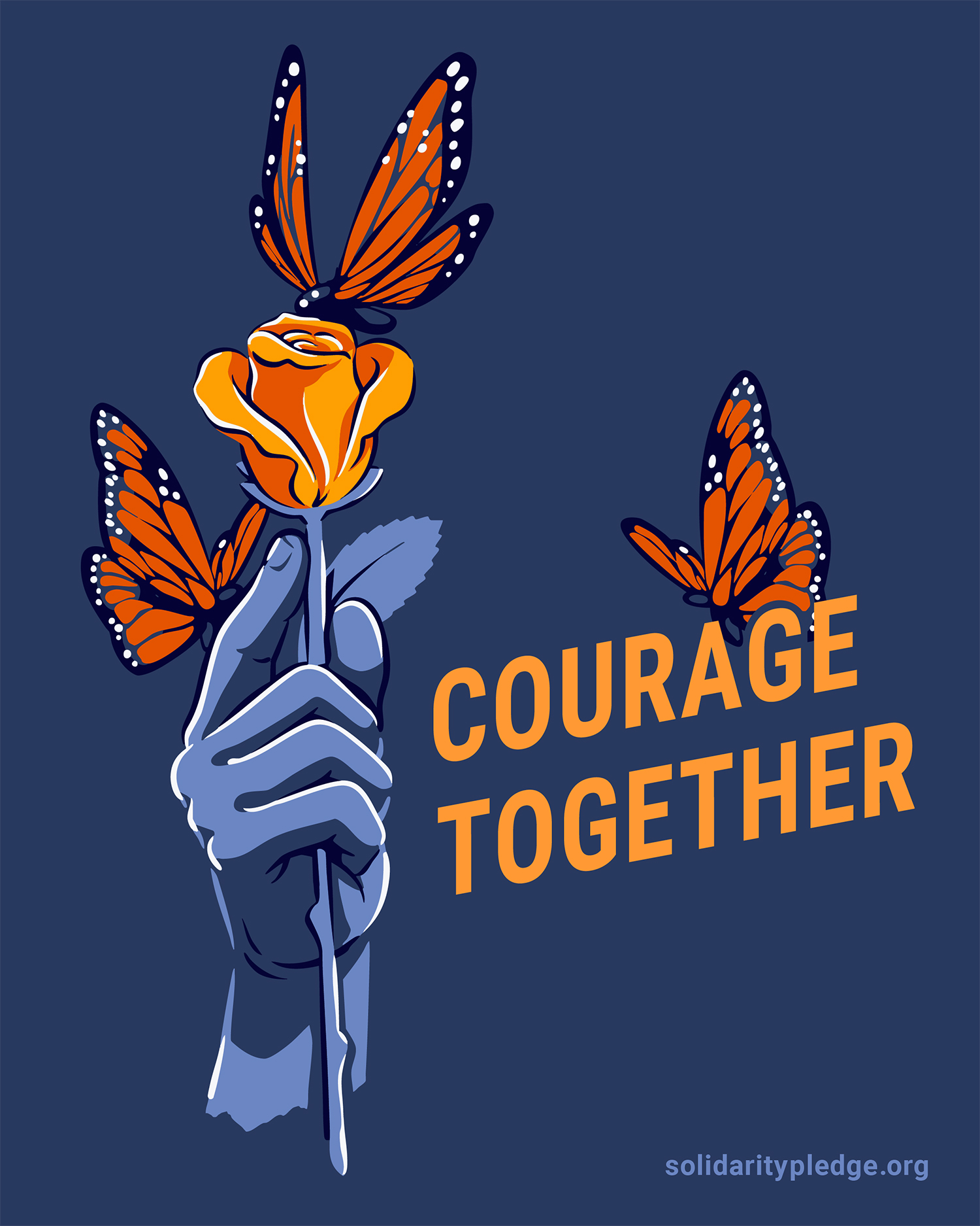 A hand holding a flower with butterflies around it and text reading "courage together"