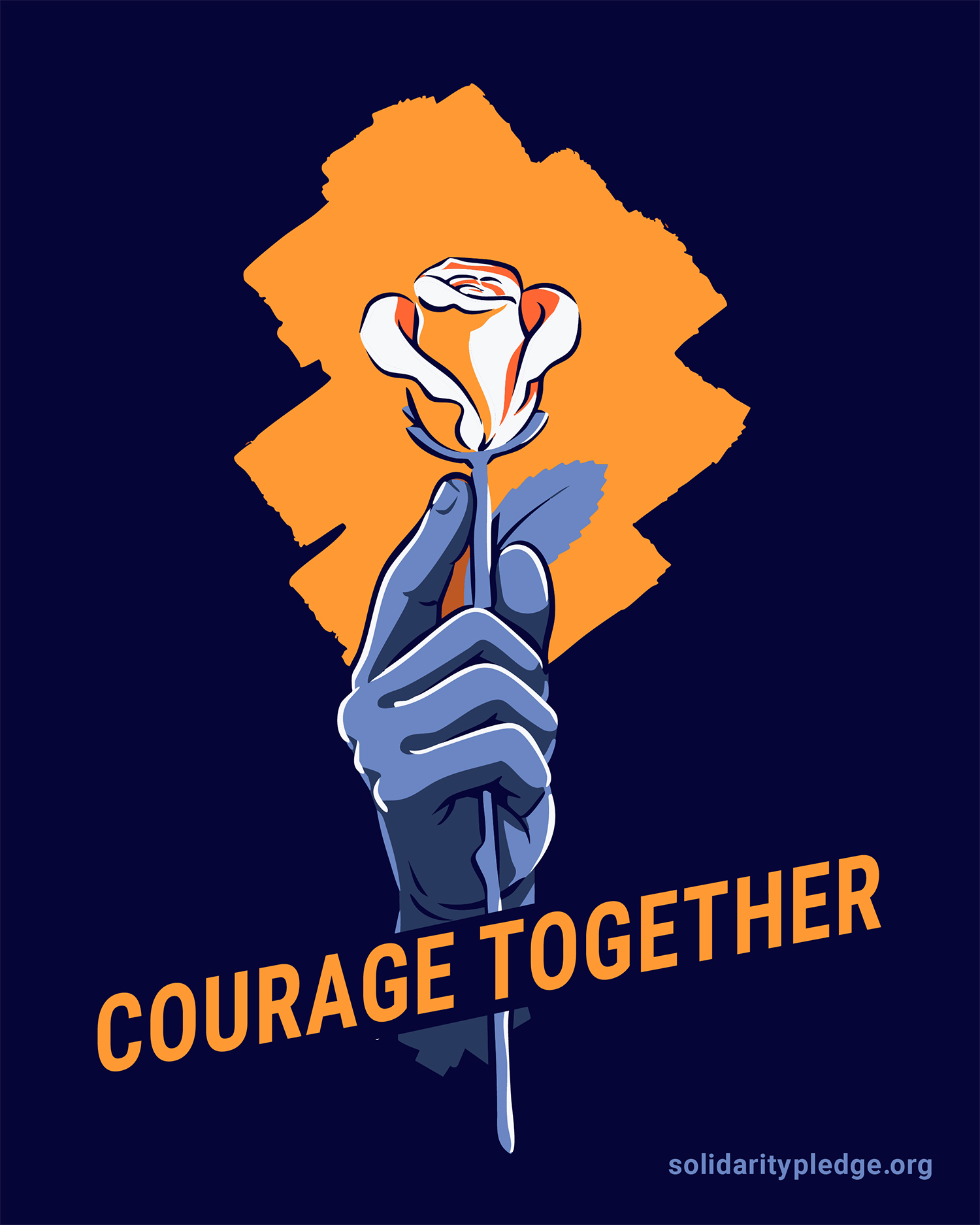 Illustration of a hand holding a flower with the words "courage together"