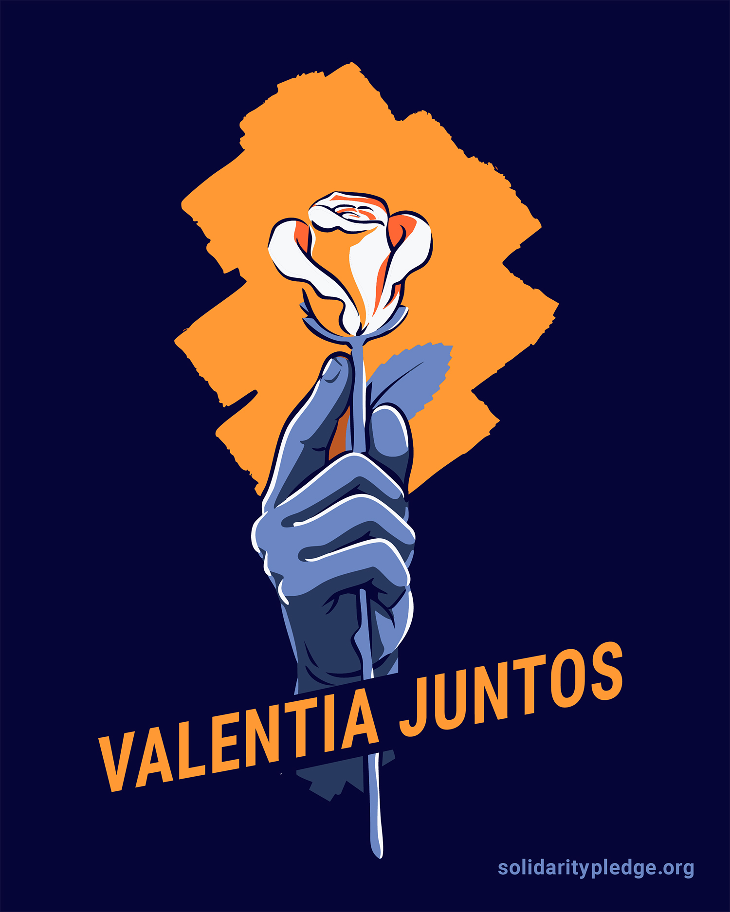 Ilustración de una mano sosteniendo una flor con las palabras "courage together" (valor juntos)