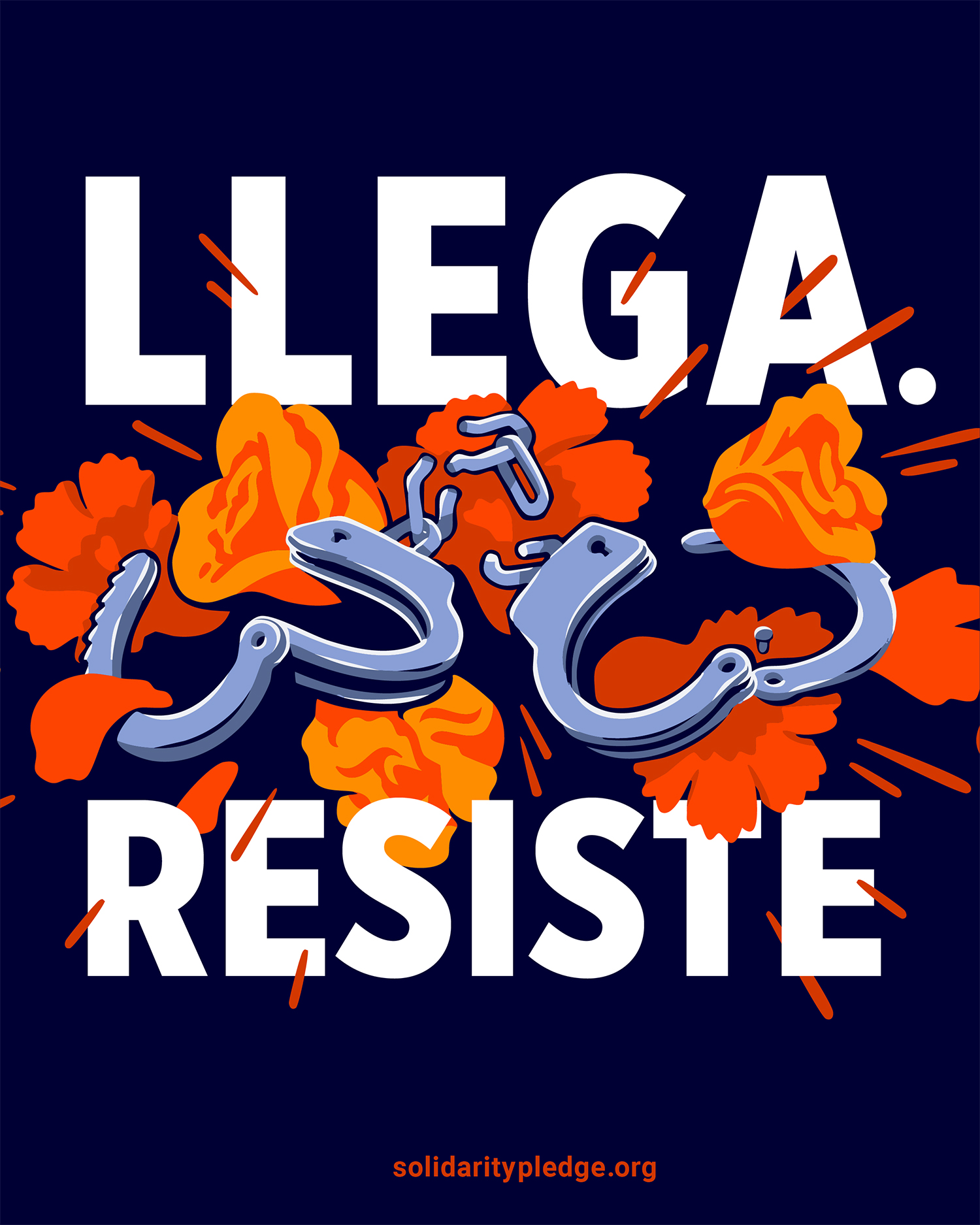 Un par de esposas rotas y abiertas delante de flores rojas y naranjas con las palabras "Llega. Resiste"