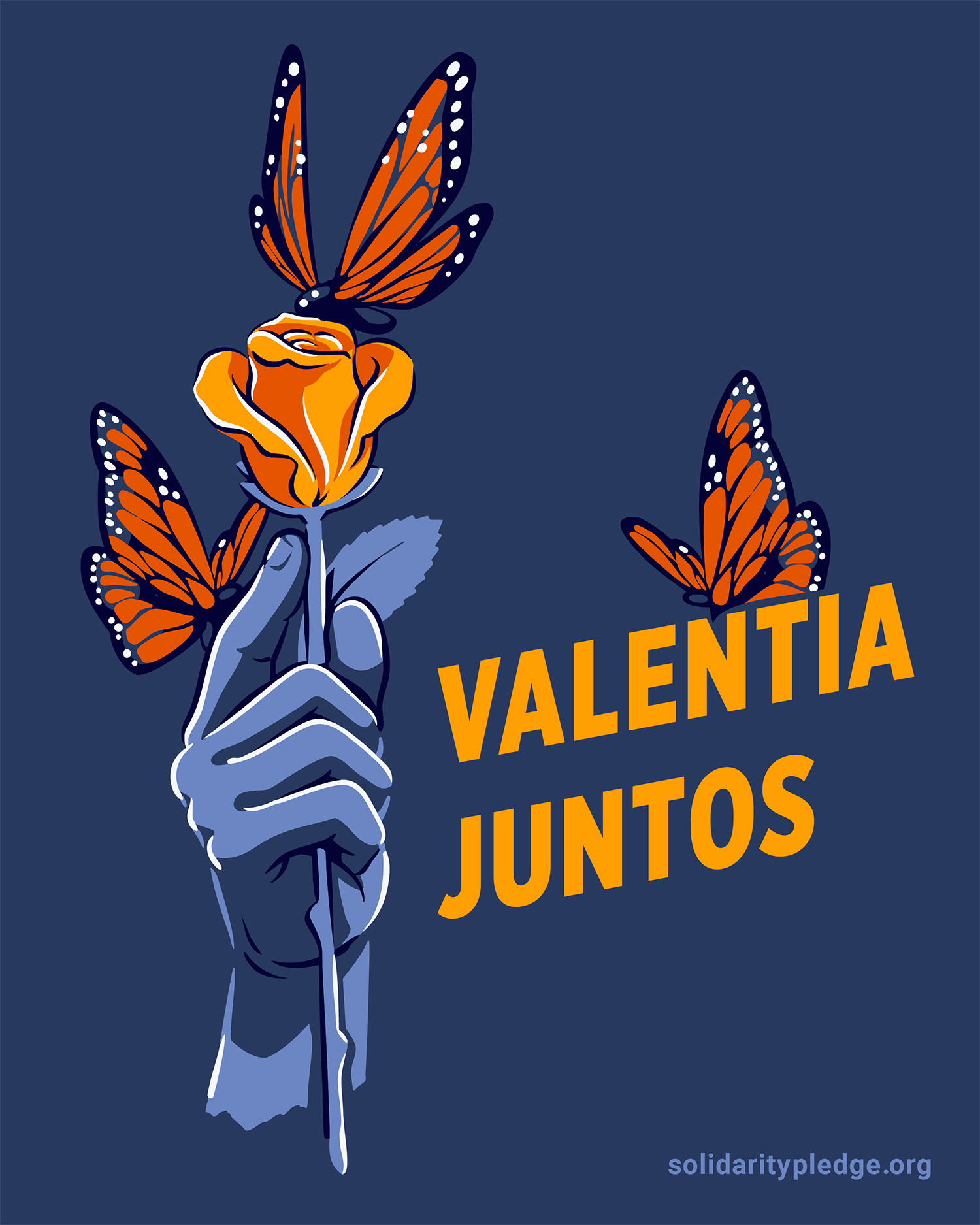 Una mano sosteniendo una flor con mariposas alrededor y un texto que dice "valentia juntos"