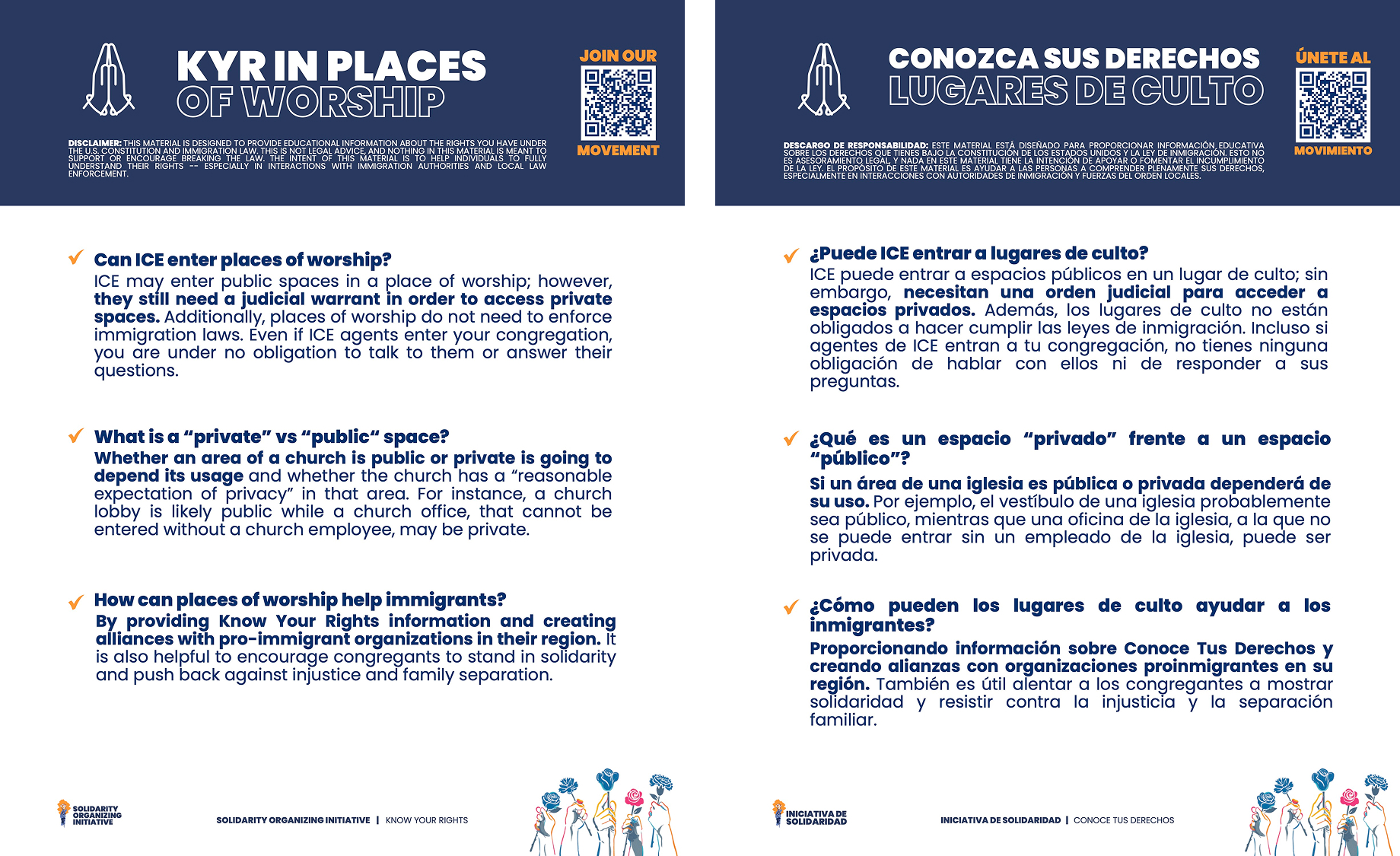 Versión en inglés y español de un folleto titulado KYR in Places of Worship, con texto informativo.