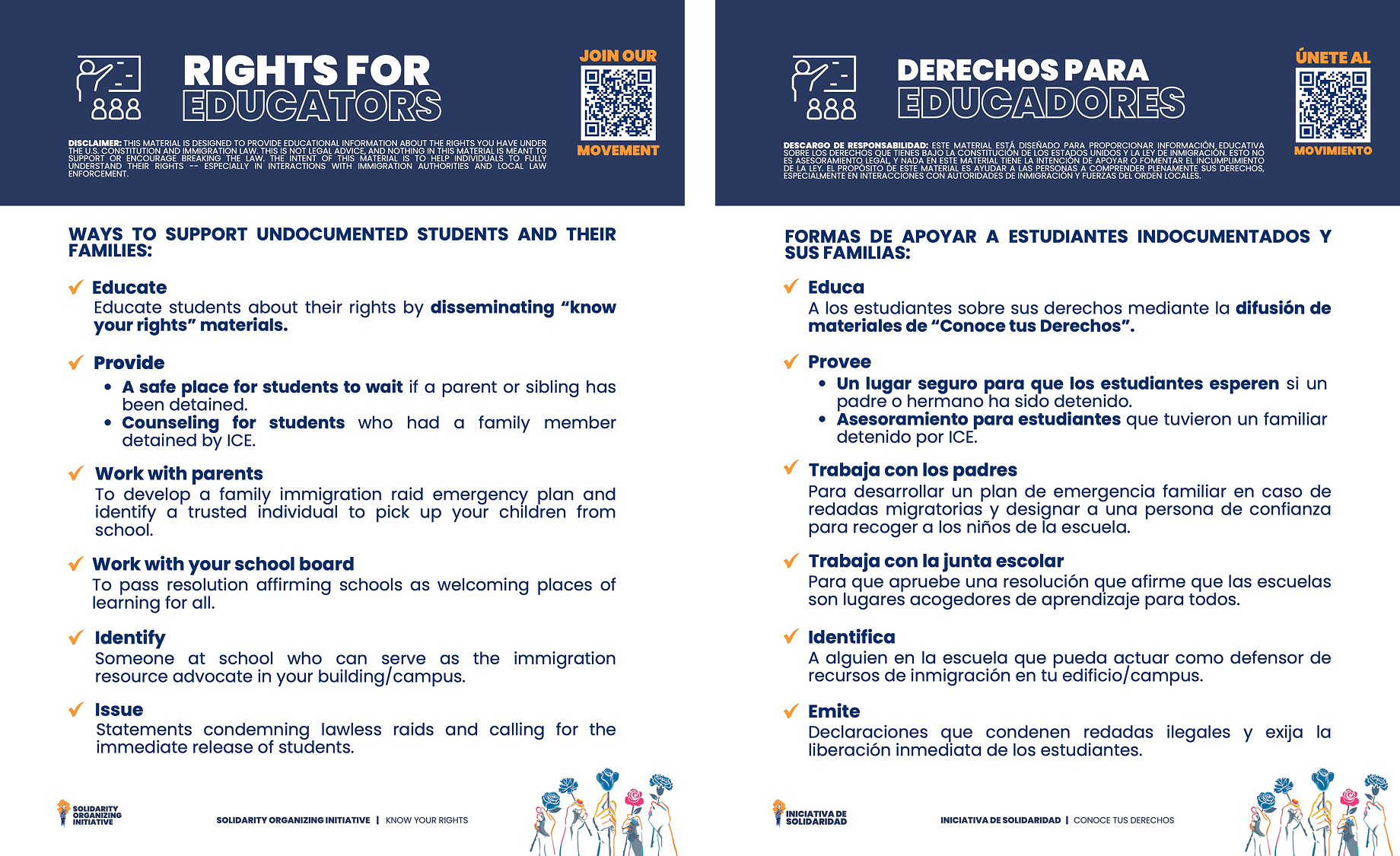 Una versión en inglés y español de un folleto titulado Derechos de los educadores, con texto informativo.