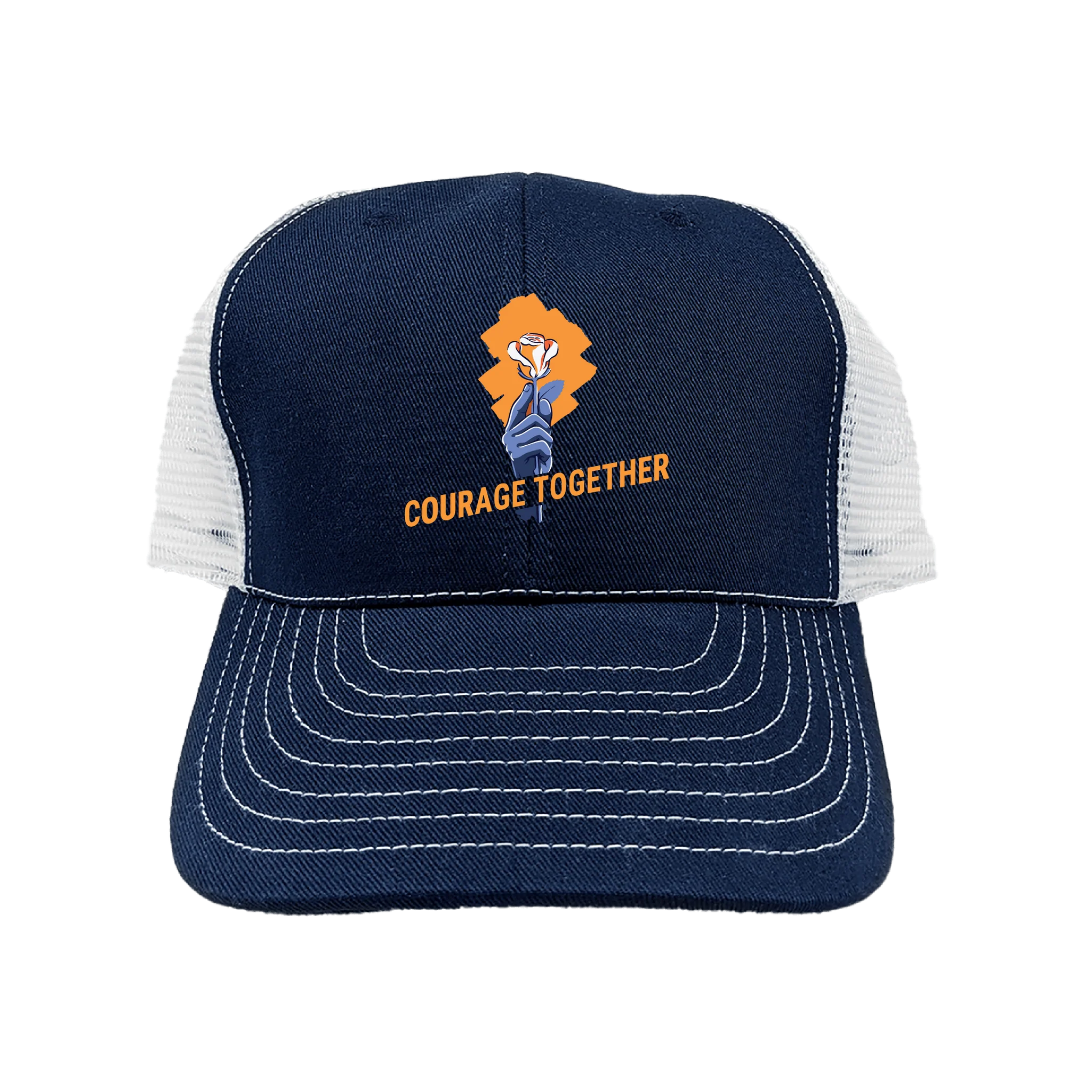 A blue mesh-back hat with white accent stitching and a logo of a hand holding an orange rose and the words "Courage Together"
