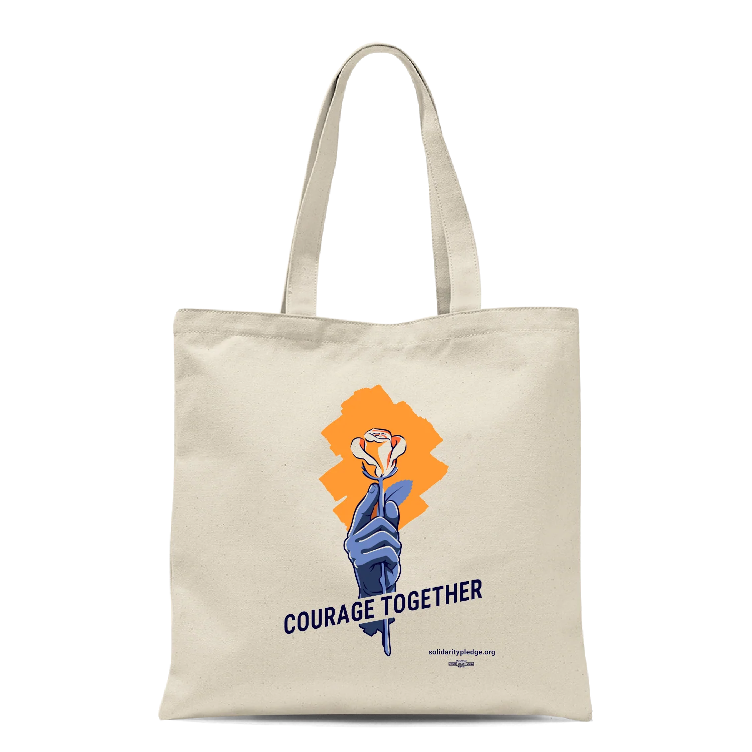 A canvas tote-bag with a logo of a hand holding an orange rose and the words "Courage Together"