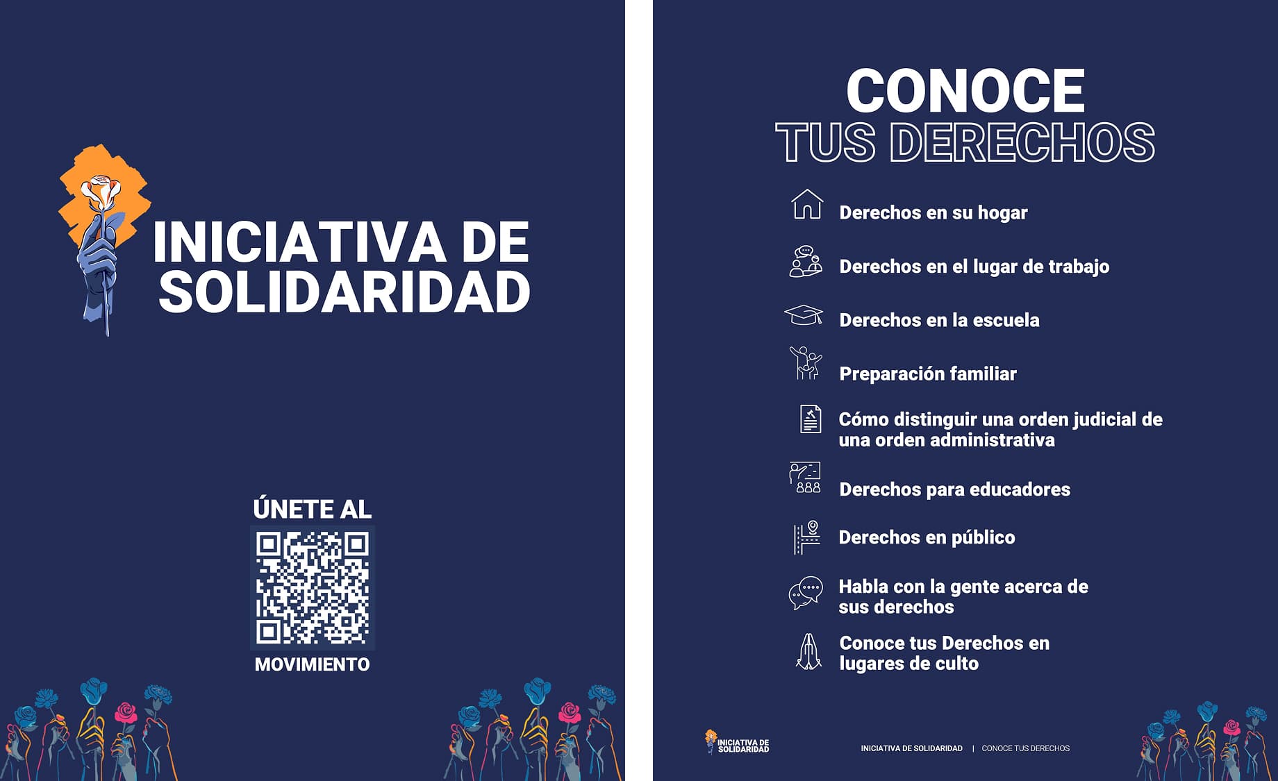A PDF cover page titled Iniciativa de Solidaridad, and a table of contents titled Conoce tus Derechos