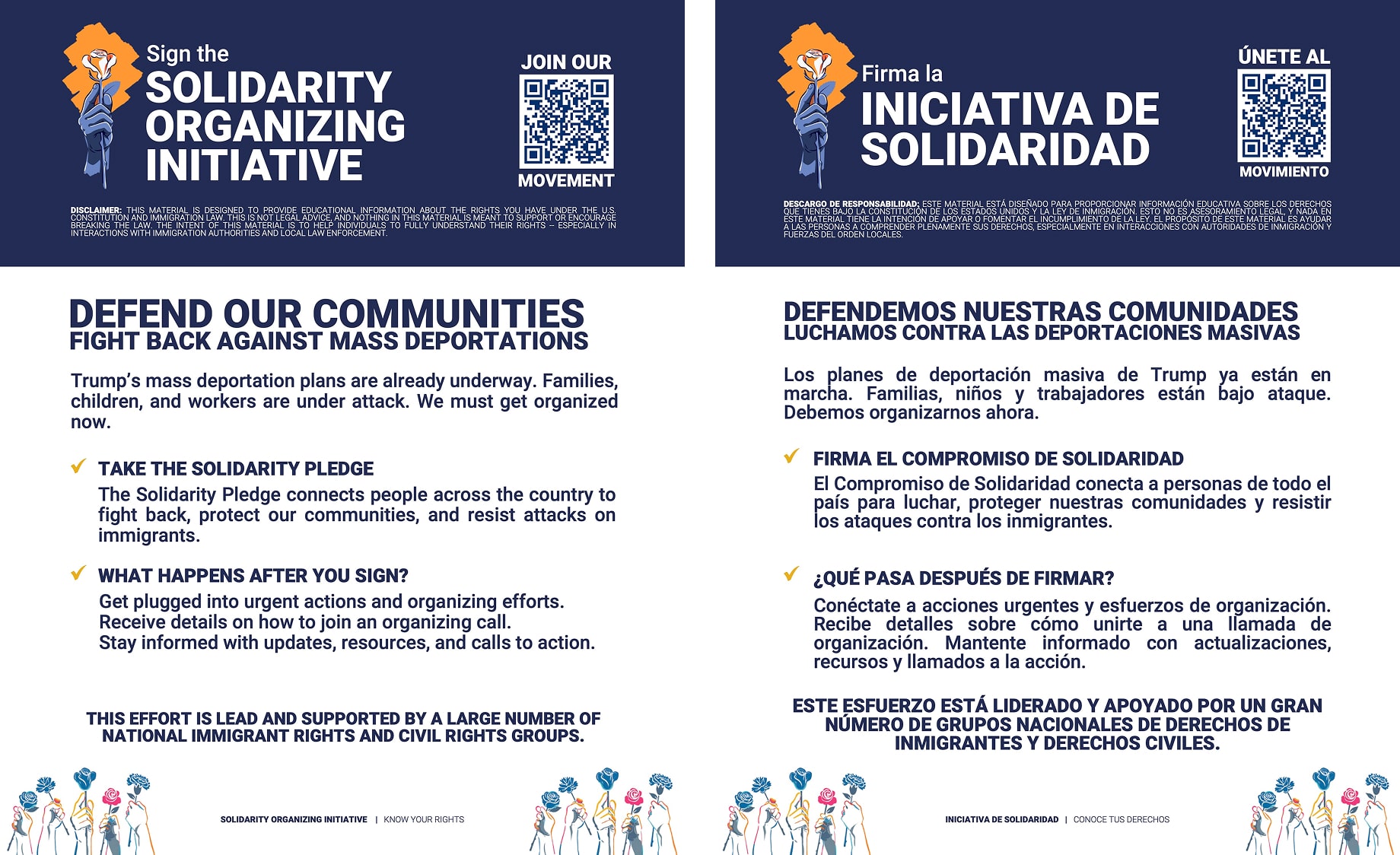An English and Spanish version of a flier titled Sign the Solidarity Organizing Initiative, with text about defending communities