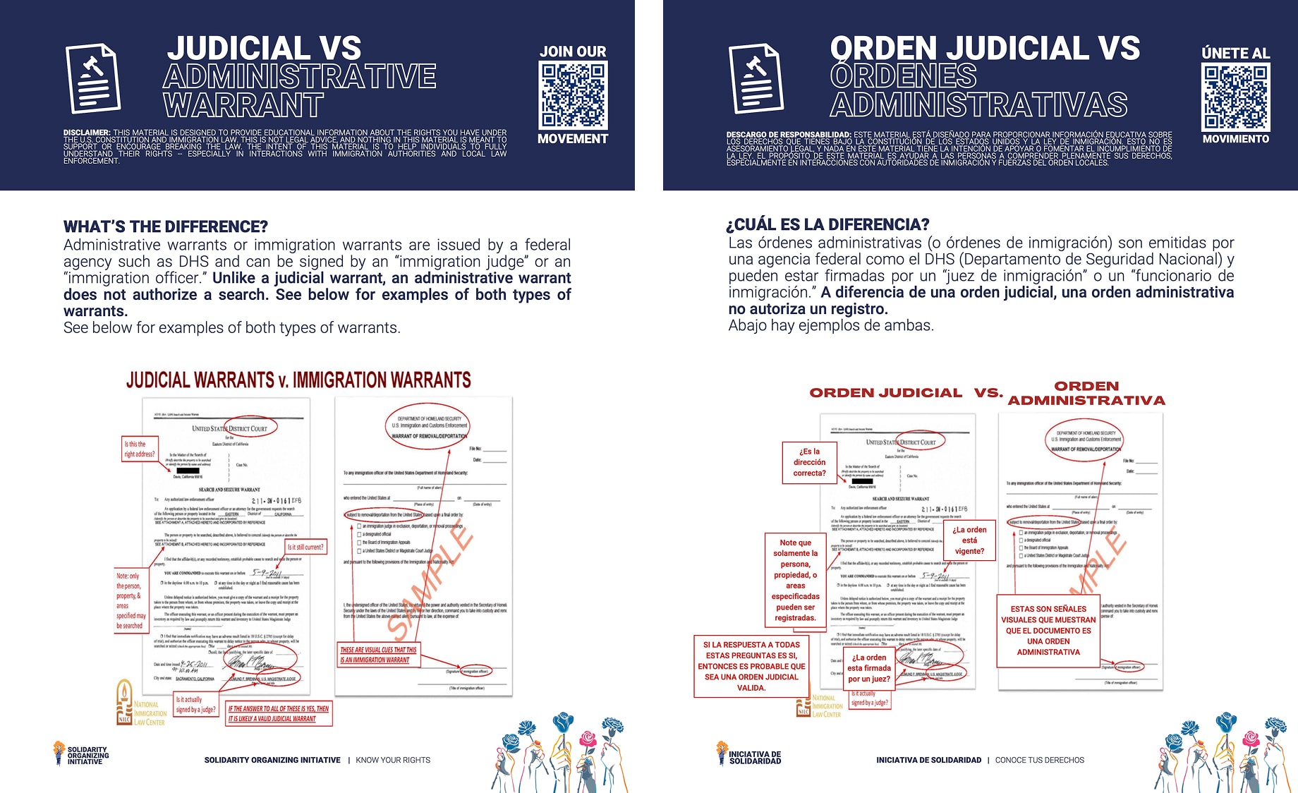 An English and Spanish version of a flier titled Judicial vs. Administrative Warrants, with informational text