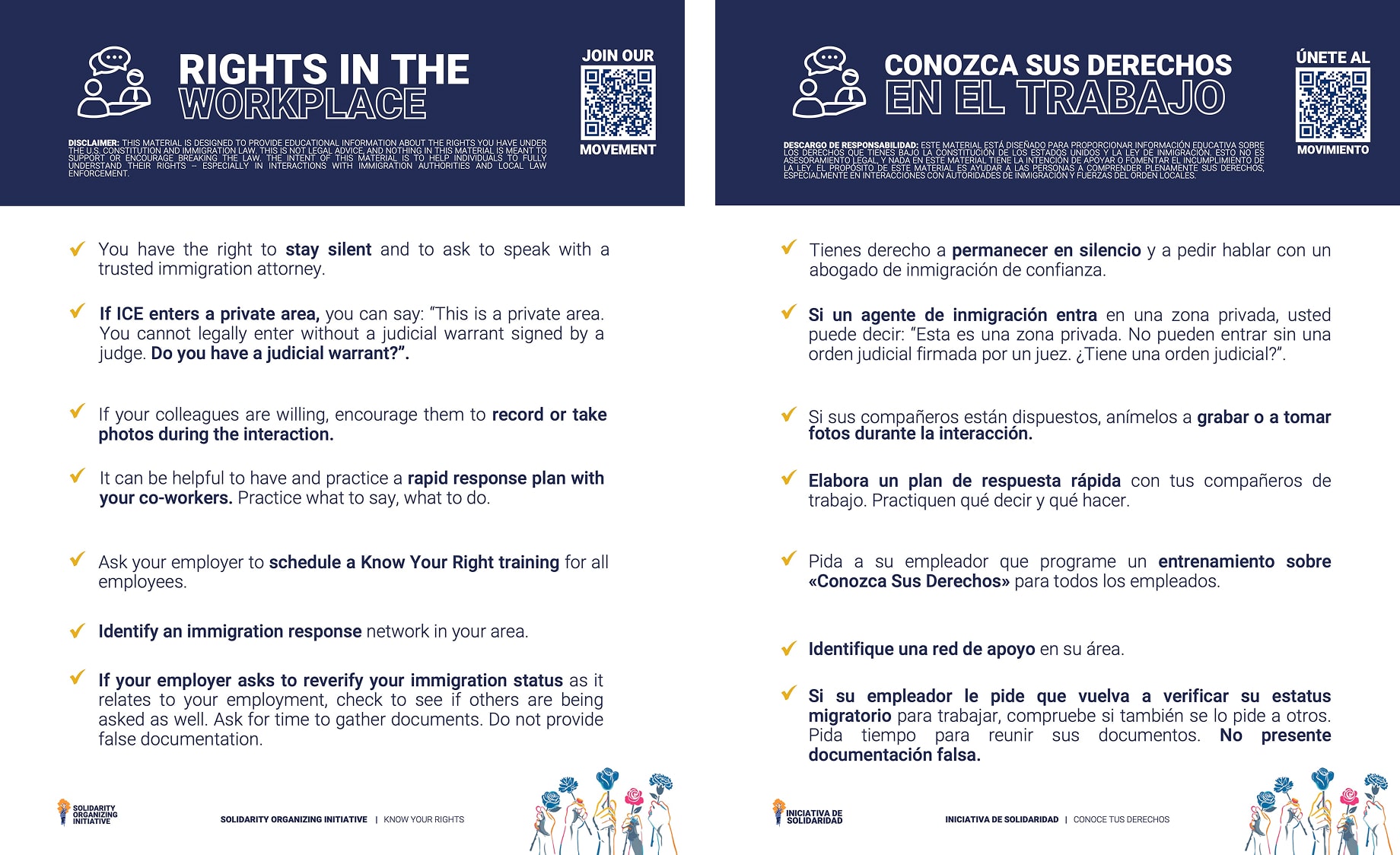 An English and Spanish version of a flier titled Rights in the Workplace, with informational text