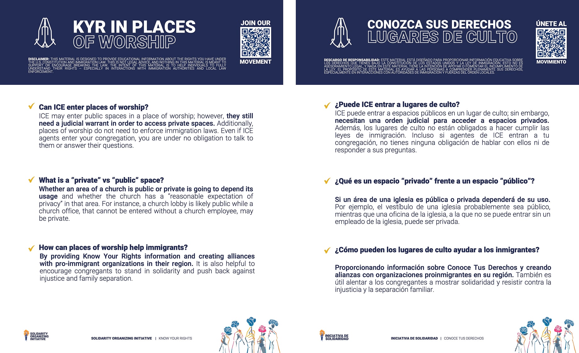 An English and Spanish version of a flier titled KYR in Places of Worship, with informational text