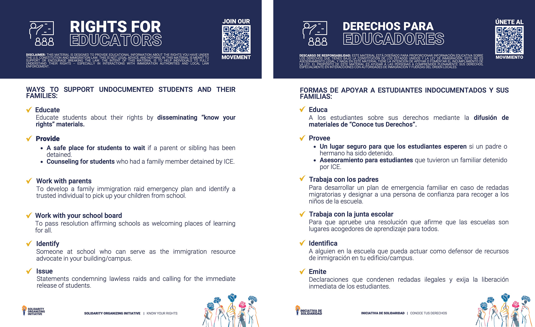 An English and Spanish version of a flier titled Rights for Educators, with informational text