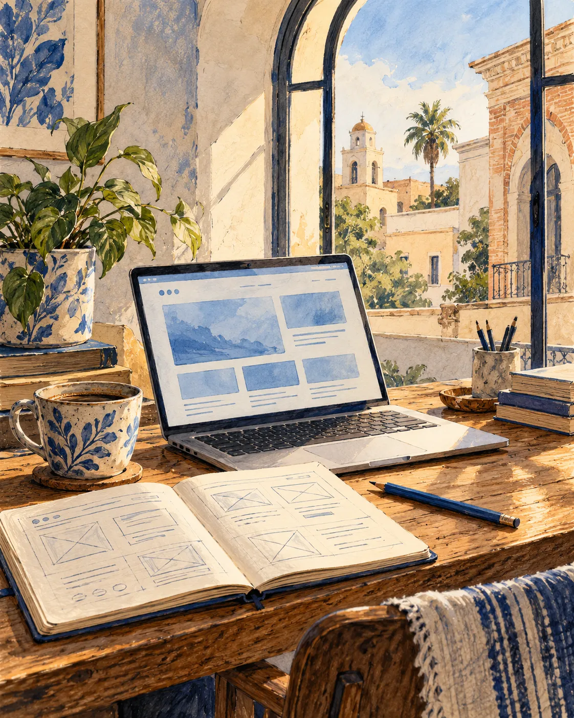 Hand-painted illustration of a web designer’s sunlit workspace, with a laptop, sketchbook and blue ceramics.