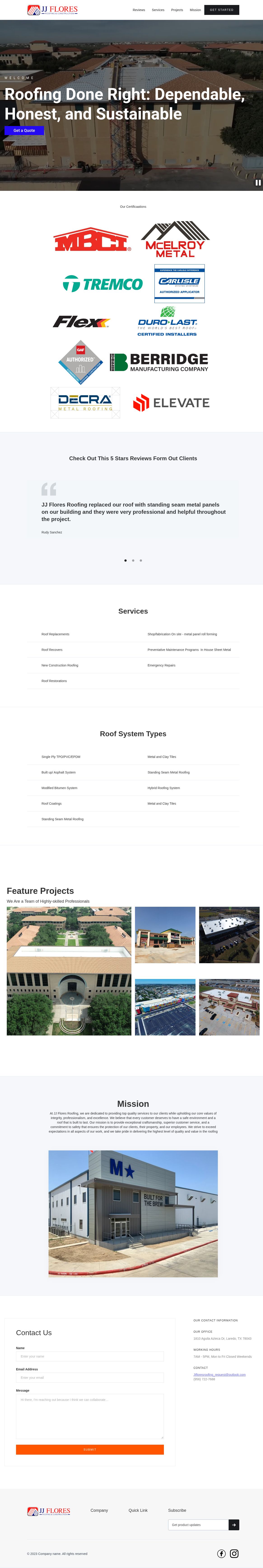JJ Flores Roofing & Construction: Live services website, full-page preview
