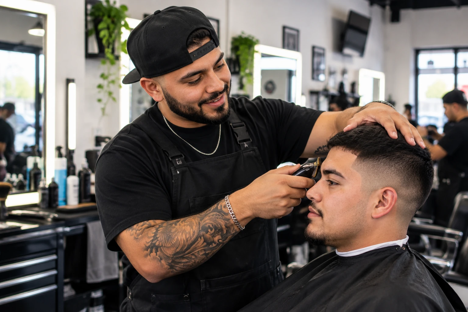 Barbero perfilando la línea del cabello de un cliente