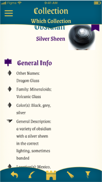Preview of app screen for a specimen entry for silver sheen obsidian