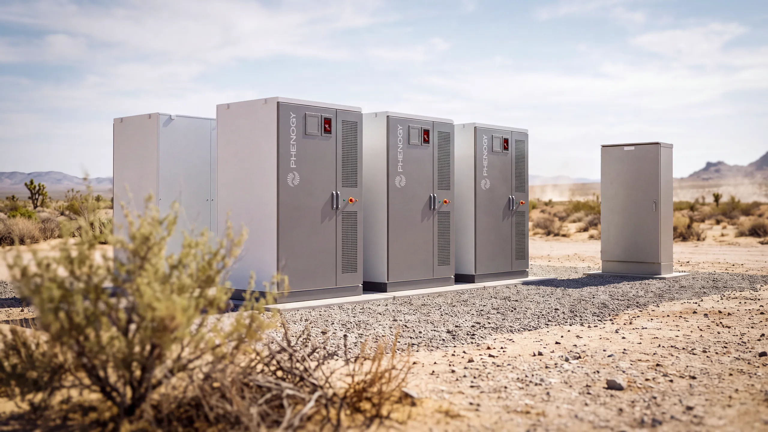 PHENOGY PY.FLEX DC battery storage units in the desert on a gravel pad, operating in hot climate