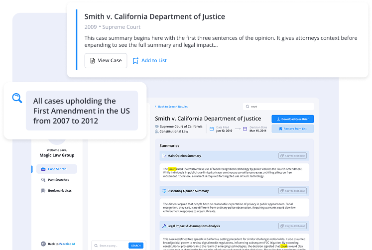 Dashboard interface showing a medical records upload marked as completed with client details and options to connect to integrated partner CMS platforms like mycase and SmartAdvocate.