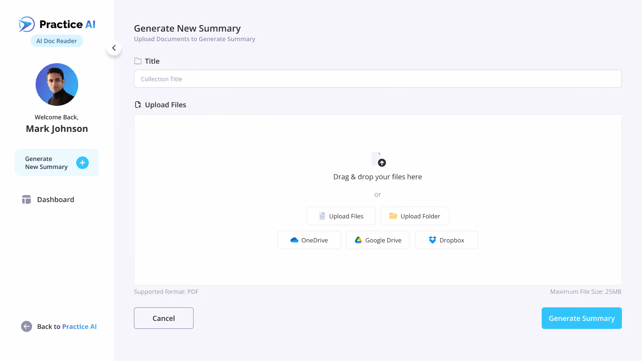 App dashboard illustrating legal document upload, AI-powered summaries, and export or search features