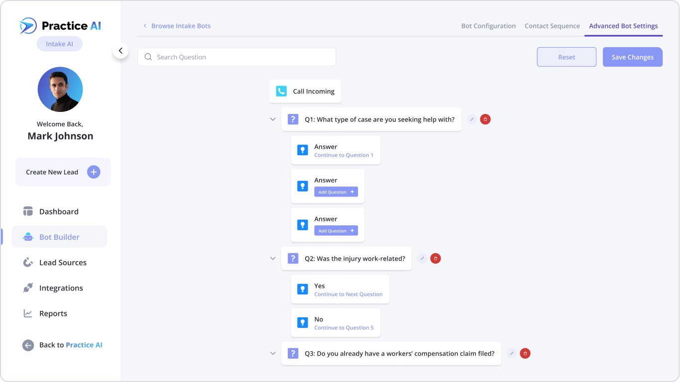Practice AI Advanced Bot Settings interface displaying a call intake bot setup with questions about case type, work-related injury, and workers’ compensation claim, with user Mark Johnson logged in.